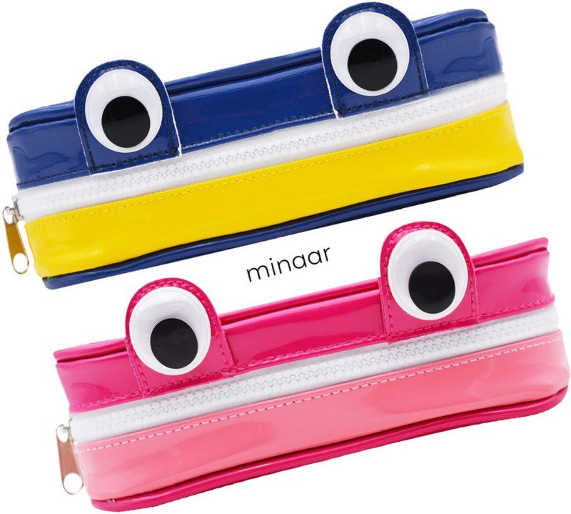 MINAAR Multipurpose Stationery Organizer Pencil Pouch Combo For School Kids Black Eyes Zipper Art Polyester Pencil Boxes  (Set of 2, Yellow, Blue, Pink)