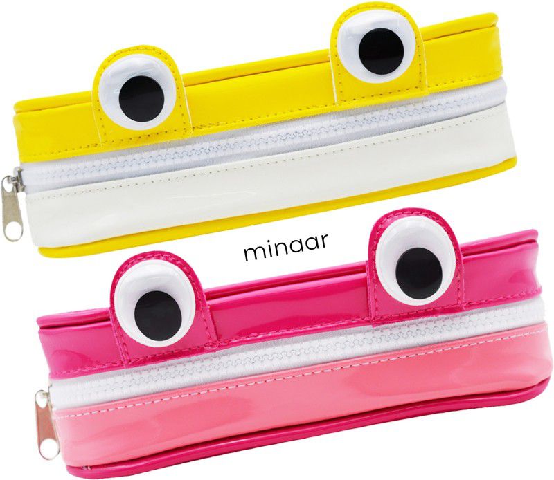 MINAAR Multipurpose Stationery Organizer Pencil Pouch Combo For School Kids Black Eyes Zipper Art Polyester Pencil Boxes  (Set of 2, Maroon, Yellow)