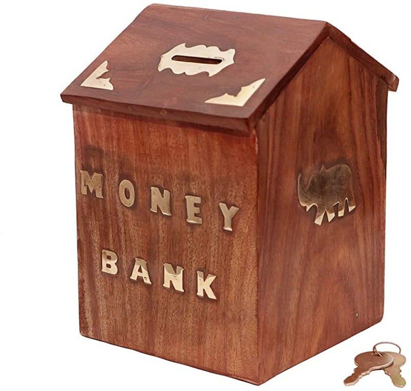 Empire Arts HandCrafted Wooden Money Bank 5x4 Hut Shaped | Piggy Bank | Coin Bank  (Brown)