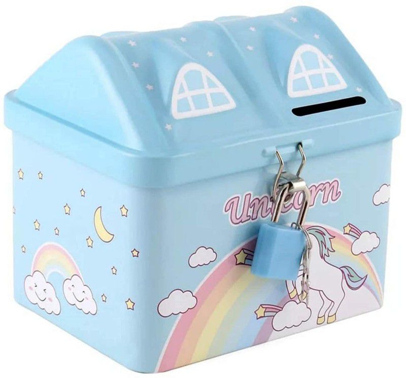 livsmart Unicorn Printed Metal Coin Bank Piggy Bank for Kids with Lock and Key Coin Bank  (Blue)