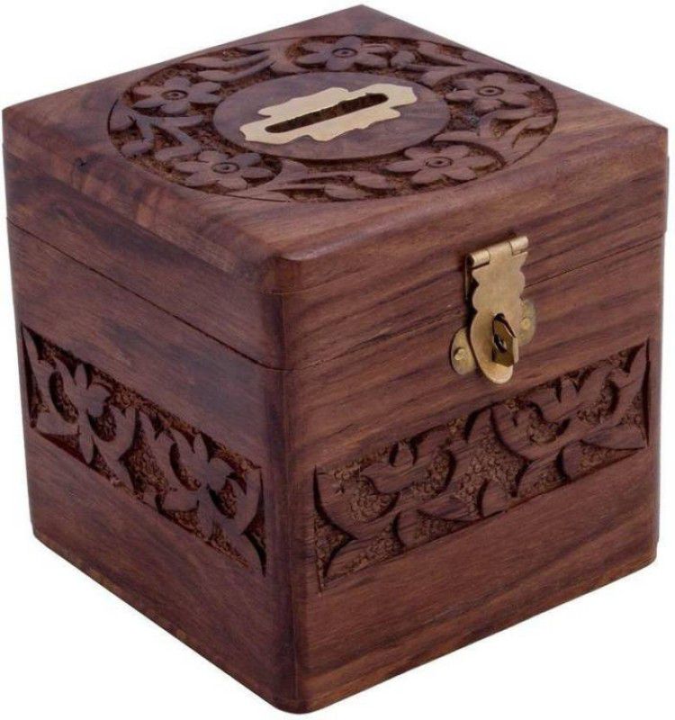 INDIAN ARTS AND CRAFTS HANDCARVED WOODEN PIGGY BANK Coin Bank  (Brown)