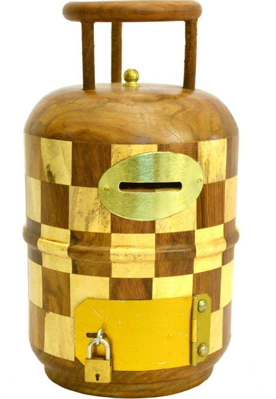 Santarms Handcrafted Wooden Cylinder Shape Money Bank Coin Bank  (Brown, Gold)