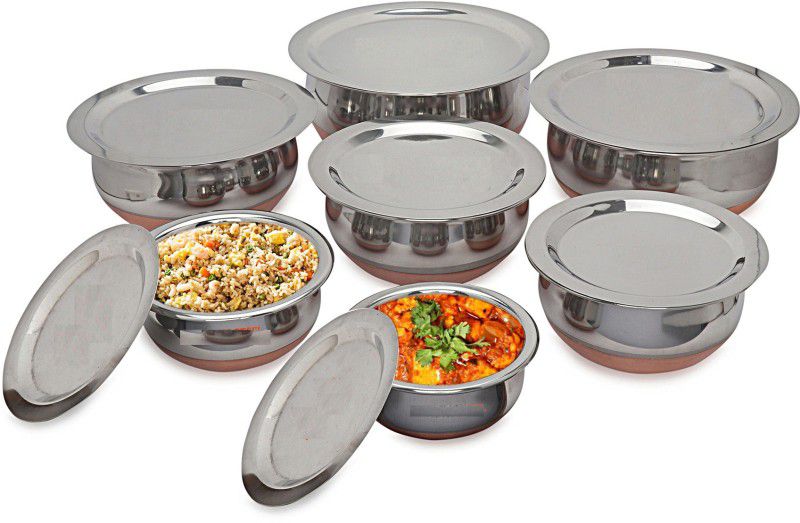 PROJAIN STEEL 7 Pcs Set of Stainless Steel Copper Bottom Prabhu Chetty / Cookware / Serveware / Handi / POT / Cook & Serve Handi Cookware Set Handi 3 L, 2.5 L, 2 L, 1.5 L, 1 L, 0.75 L, 0.5 L with Lid  (Stainless Steel)