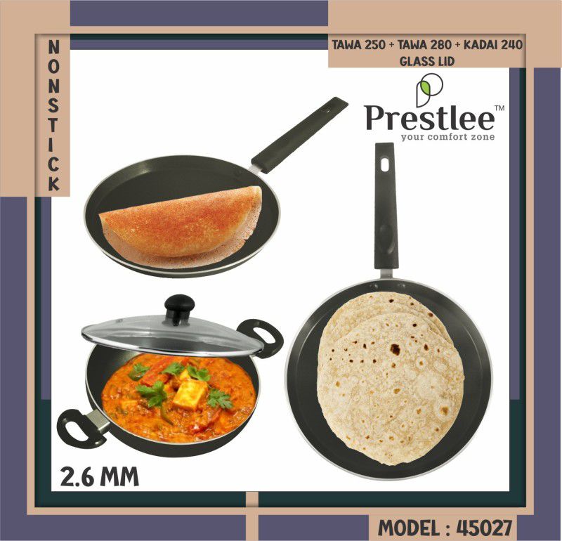 Sabari Prestle PNFT-45027 Non-Stick Coated Cookware Set/kadai nonstick/Flat Base Tawa 24 cm diameter  (Aluminium, Non-stick)
