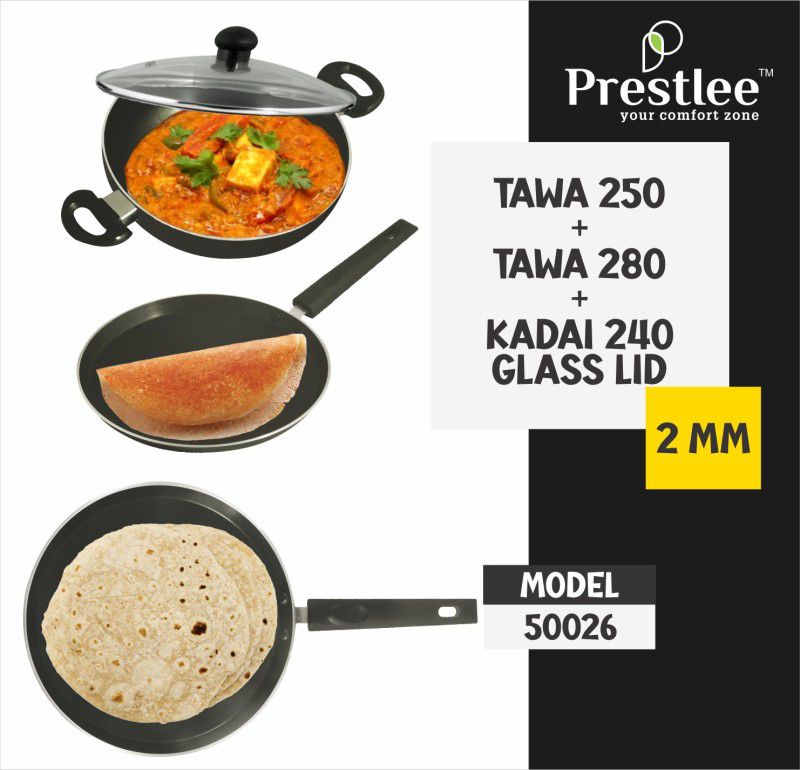 Sabari Prestle PNFT-50026 Non-Stick Coated Cookware Set/Non Stick Set/kadahi/Flat Base Tawa 24 cm diameter  (Aluminium, Non-stick)