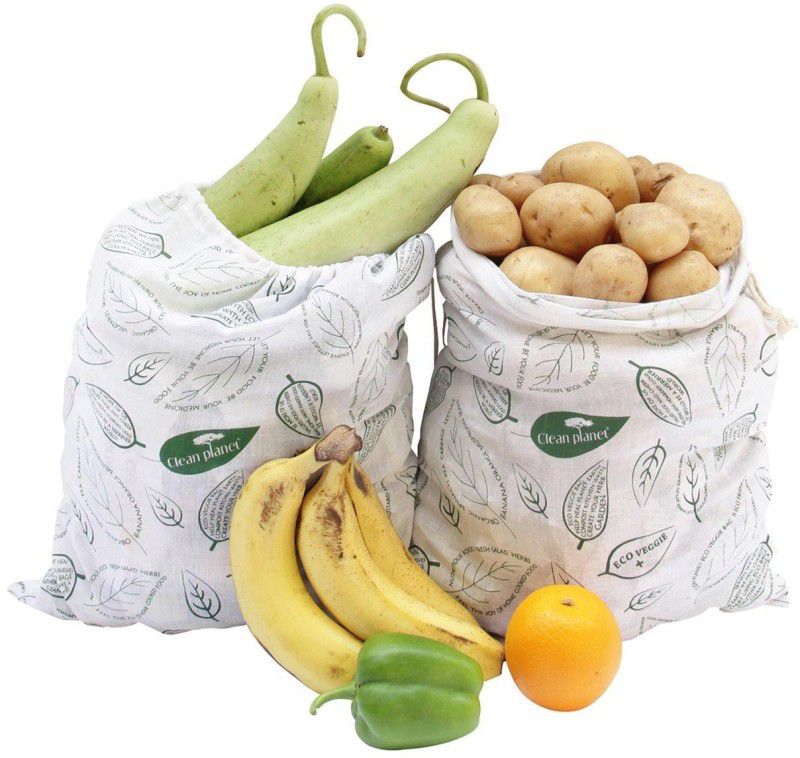 Clean Planet Cotton Leafy Print Eco Veggie Multipurpose Veggie Natural Storage Pack of 2 Grocery Bags  (White, Green)
