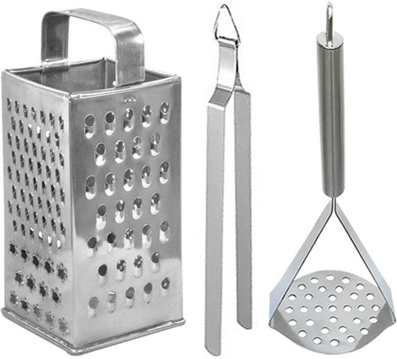 BR0 Stainless Steel Slicer and Grater & Roti Chimta & Pav Bhaji Masher For Kitchen Tool Set  (Silver)
