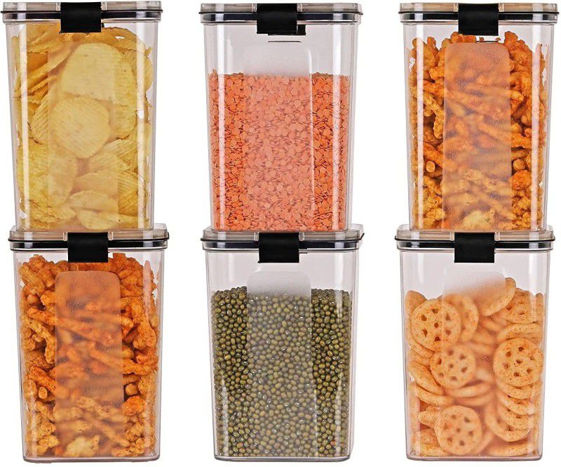 SOCHEP Lock & Lock Food Storage, Snacks, Sugar, Flour, Air Tight Square Shape - 1100 ml Plastic Grocery Container  (Pack of 6, Black)