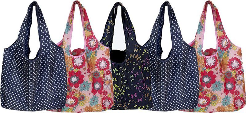 PrettyKrafts Reusable Fold up Shopping Bag Water Proof Strong and Durable with Pouch & Clip Attachment Set of 5 Pack of 5 Grocery Bags  (Multicolor)