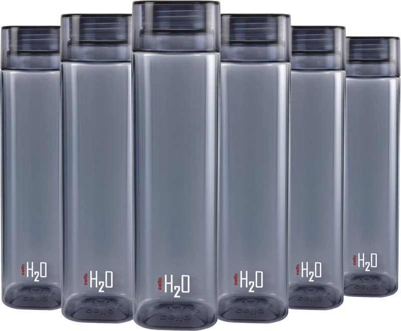 cello H2o Squaremate Plastic Water Bottle, 1-Liter , Set of 6, Black 1000 ml Bottle  (Pack of 6, Black, PET)