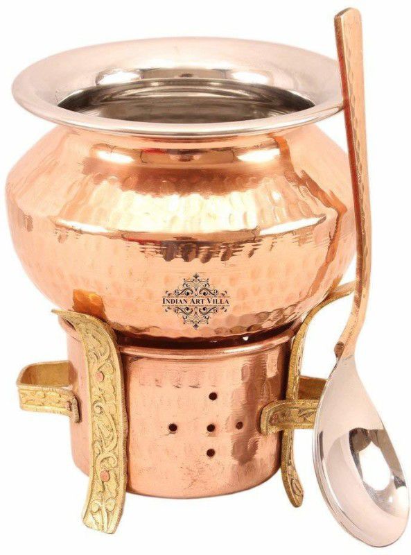 IndianArtVilla Copper Sigri with Brass Stand & Steel Copper Handi Bowl with 1 Serving Spoon, Food Warmer, Serving Indian Dishes Home, Hotel, Restaurants, 3 Pieces Handi 1.2 L  (Copper)