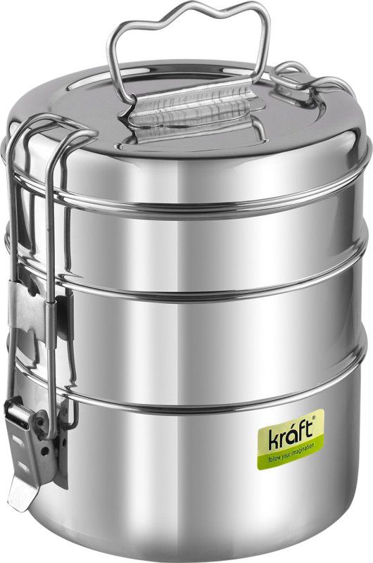 Kraft Lunch Box/Food Container Three Tier Compartment with Handle - Stainless Steel, Leak Proof, Easy to Carry Meals for Office, Picnic, Schools 3 Containers Lunch Box  (1770 ml)