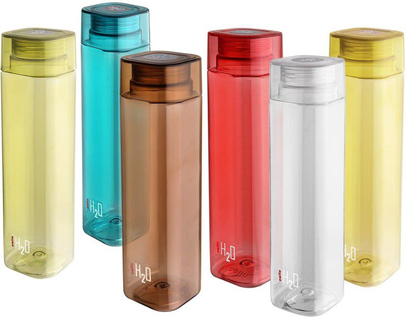 cello Sqauremate Plastic Water Bottle, 1-Liter , Set of 6, Multicolor 1000 ml Bottle  (Pack of 6, Multicolor, PET)