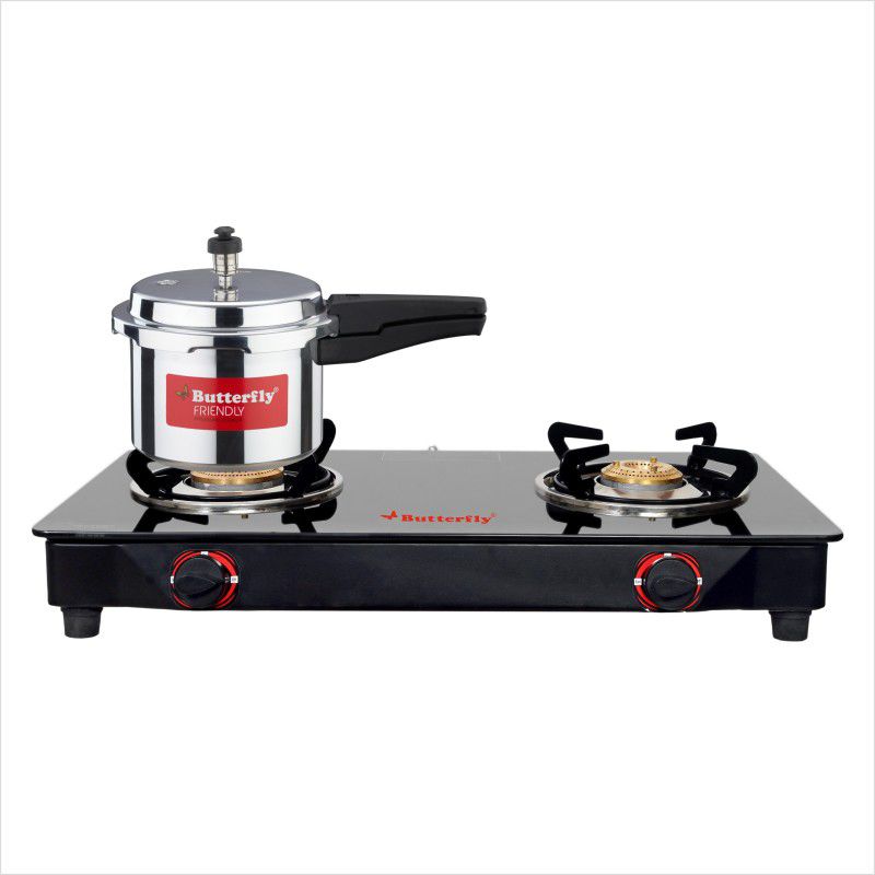 Butterfly RAPID 2B GLASS TOP STOVE + 3 LTR ALUMINIUM PRESSURE COOKER NON IB Glass Manual Gas Stove  (2 Burners)