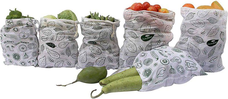 Clean Planet Multipurpose Vegetable Storage Fridge Bags Eco-Friendly, Non-Toxic, Washable, Reusable - Set of 6 (2 Large - 13"x15",4 Regular - 10"x12") Pack of 6 Grocery Bags  (White, Black)