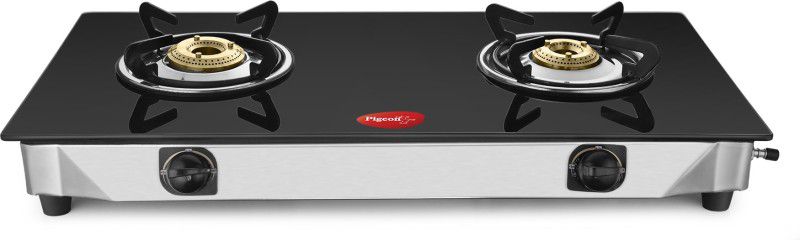 Pigeon Sterling Blackline Two Burner Glass Top Gas Stove Glass, Stainless Steel Manual Gas Stove  (2 Burners)