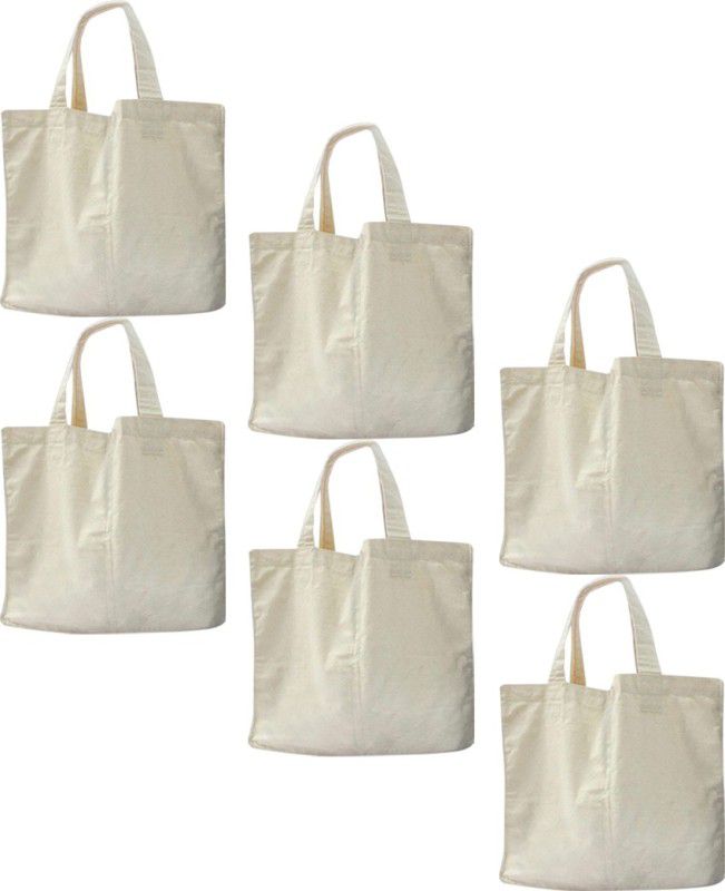 PrettyKrafts Cotton Grocery Shopping Bags/ Canvas Grocery Shopping Bags with Handles/ Cloth Grocery Tote Bags/ Reusable Shopping Grocery Bags/ Organic Cotton Washable & Eco-friendly Bags Pack of 6 Grocery Bags  (White)