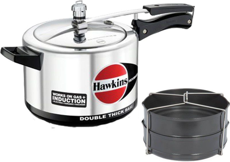 Hawkins Hevibase 5 Ltr Silver Pressure Cooker With Hard Anodised 2 Pc Separater Cooker Dabba and Stand 5 L Induction Bottom Pressure Cooker  (Aluminium)