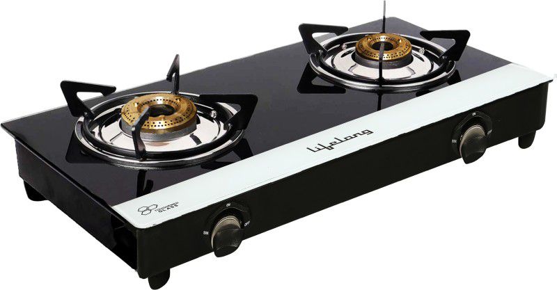 Lifelong Glass Top 2 Burner Gas Stove, Black and White (ISI Certified,1 Year Warranty with Doorstep Service) Glass Manual Gas Stove  (2 Burners)