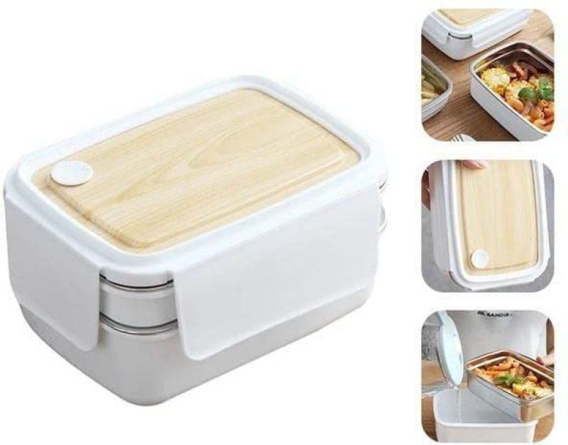 NL Traders 2 Compartment Stainless Steel Handy Lunch Box with Wooden Style lid 1 Containers Lunch Box  (800 ml, Thermoware)