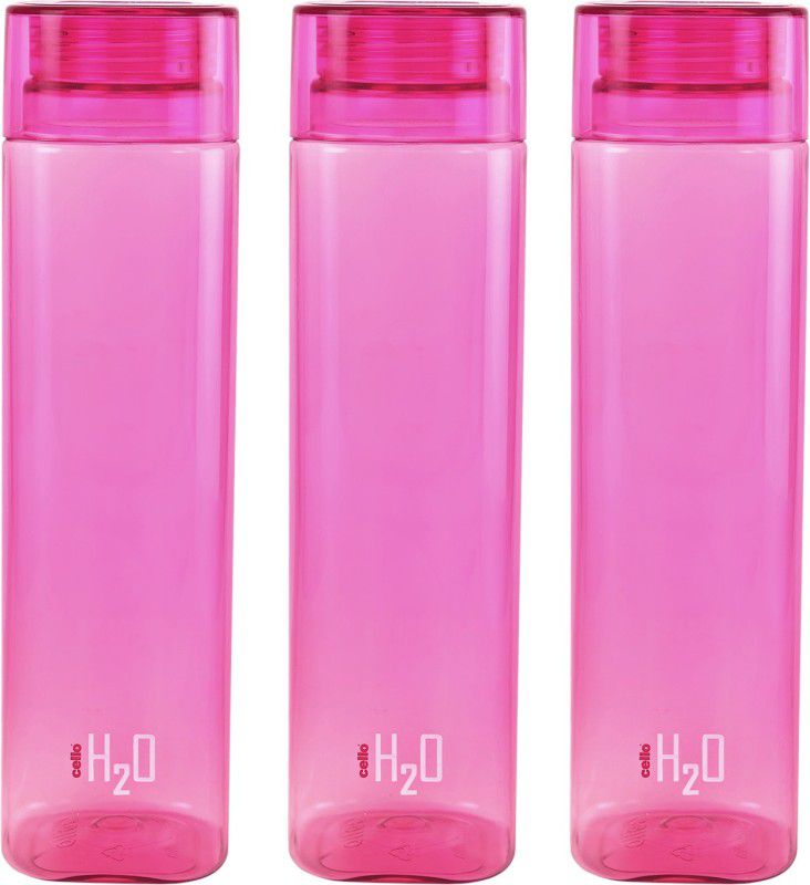 cello H2o Squaremate Plastic Water Bottle, 1-Liter , Set of 3, Pink 1000 ml Bottle  (Pack of 3, Pink, PET)