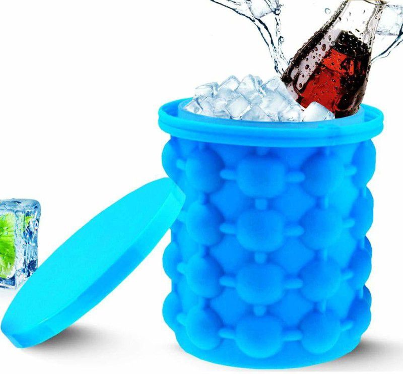 VOXXIL 1 L Plastic, Silicone (2 in 1) Ice Cube Maker, Round,Portable,For Frozen Whiskey, Cocktail, Beverages Ice Bucket  (Blue)