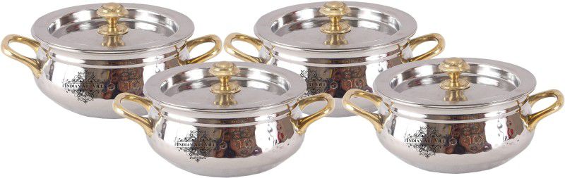 IndianArtVilla Set of 4 Steel Handi with Brass Handle & Flat Lid 450 ML each - Serving Cooking Briyani Dishes Home Hotel Restaurant Handi 1.8 L with Lid  (Stainless Steel)