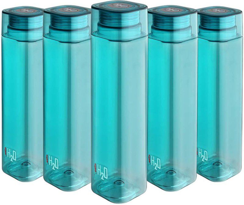 cello H2o Squaremate Premium Plastic Water Bottle, 1-Liter , Set of 5, Aqua Blue 1000 ml Bottle  (Pack of 5, Blue, PET)