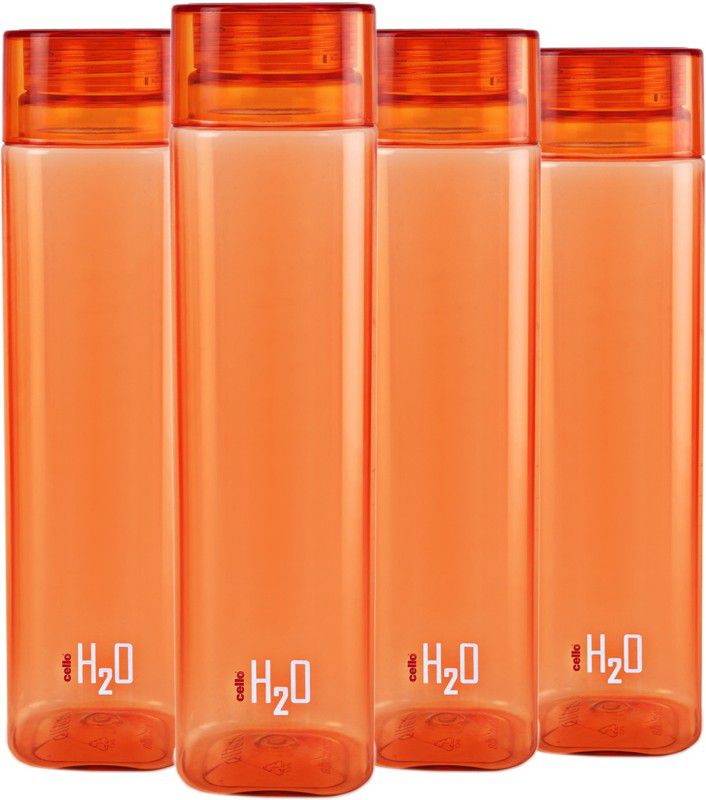 cello H2o Squaremate Plastic Water Bottle, 1-Liter , Set of 4, Orange 1000 ml Bottle  (Pack of 4, Orange, PET)