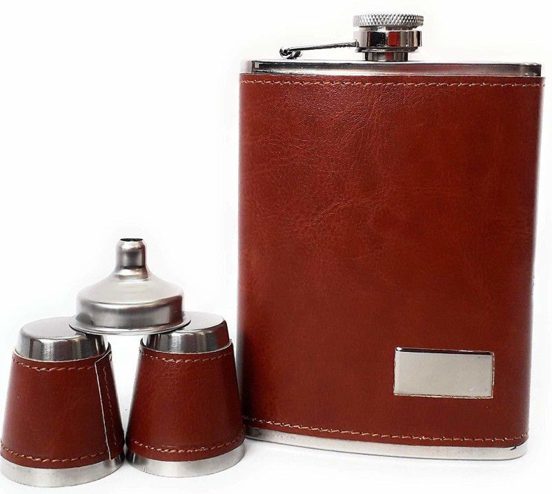 Gabbar Stainless Steel Faux Leather Brown Hip Flask + 2 Shot Glasses + Funnel Stailness Steel Hip Flask  (240 ml)