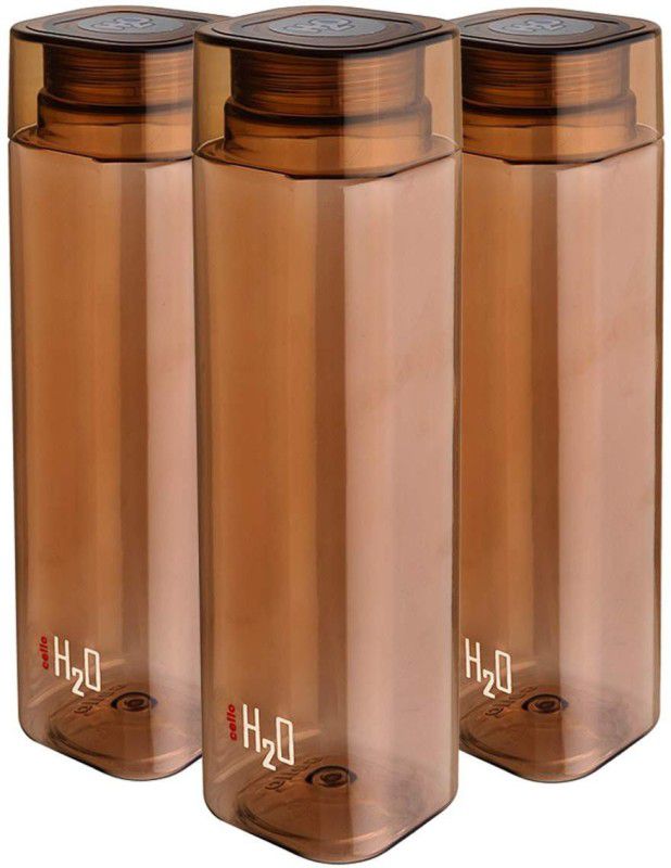 cello H2o Squaremate Premium Plastic Water Bottle, 1-Liter , Set of 3, Brown 1000 ml Bottle  (Pack of 3, Brown, PET)