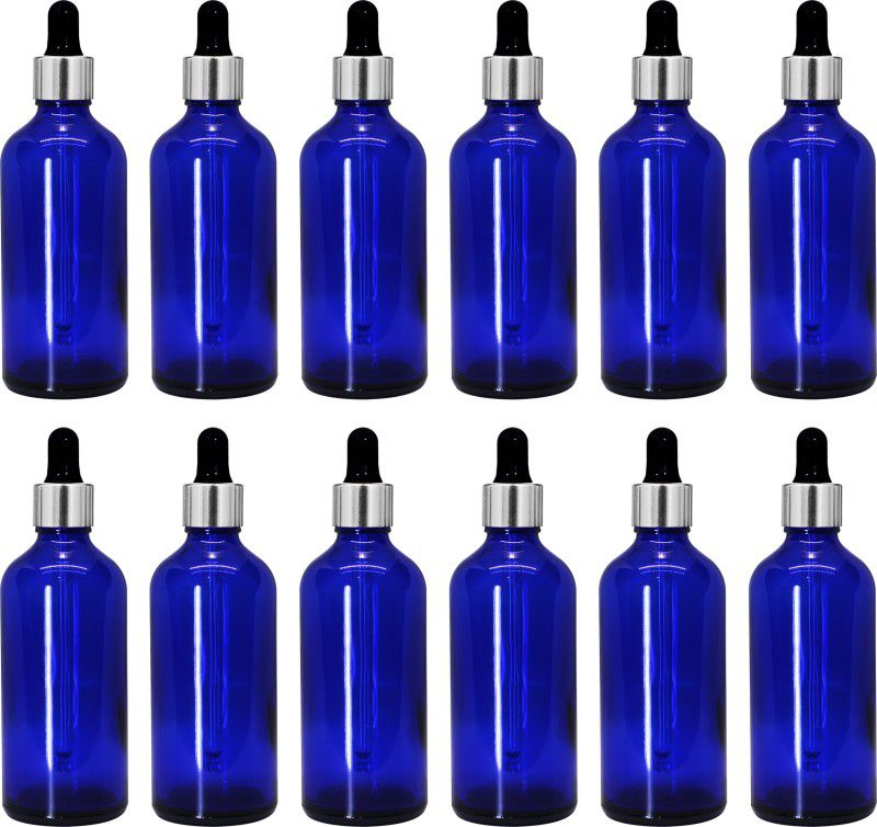 nsb herbals Blue Glass Bottle + Silver Cap + Black Teat for Perfumes, Oils, Multipurpose Use 100 ml Bottle  (Pack of 12, Blue, Glass)