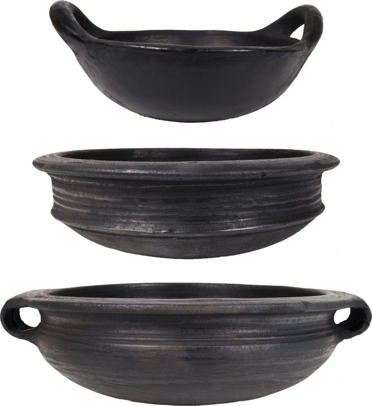 earthen fine crafts Hand made clay handi/ earthen pottery//cheena chatti/kadhai/ meen chatti (black1, 2,,3 liter, cooking & serving, pre-seasoned Gas Stove and Microwave ) Pot 1,2,3 L (Earthenware) Handi 1 L, 2 L, 3 L  (Earthenware)