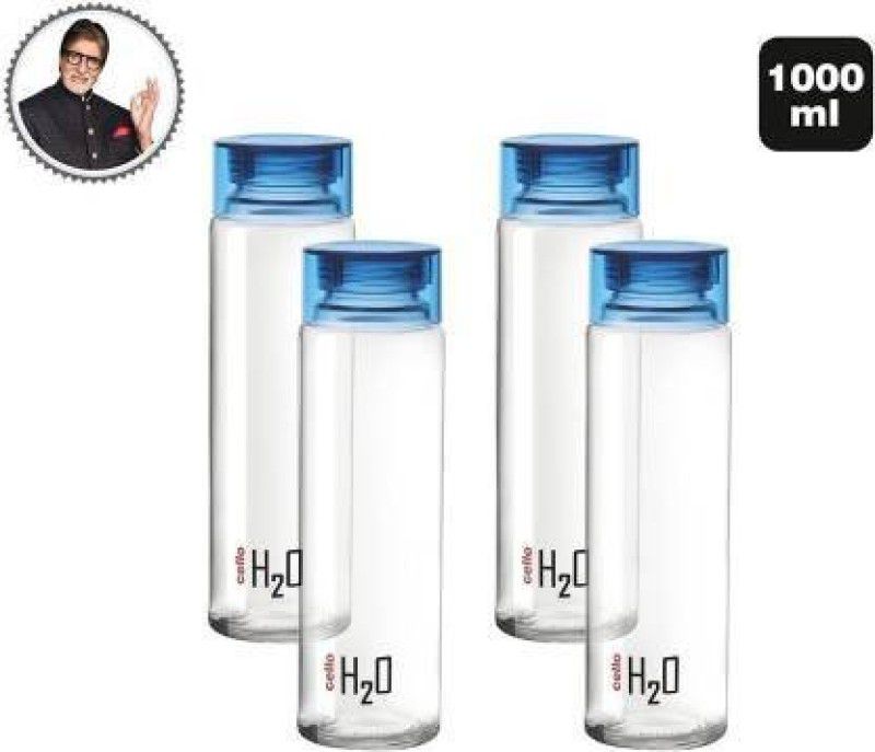 YASHODEEP PLASTIC Cello H2O Sodalime Glass Fridge Water Bottle with Plastic Cap ( Set Of 4 - Blue ) 1000 ml Bottle  (Pack of 4, Blue, Plastic)