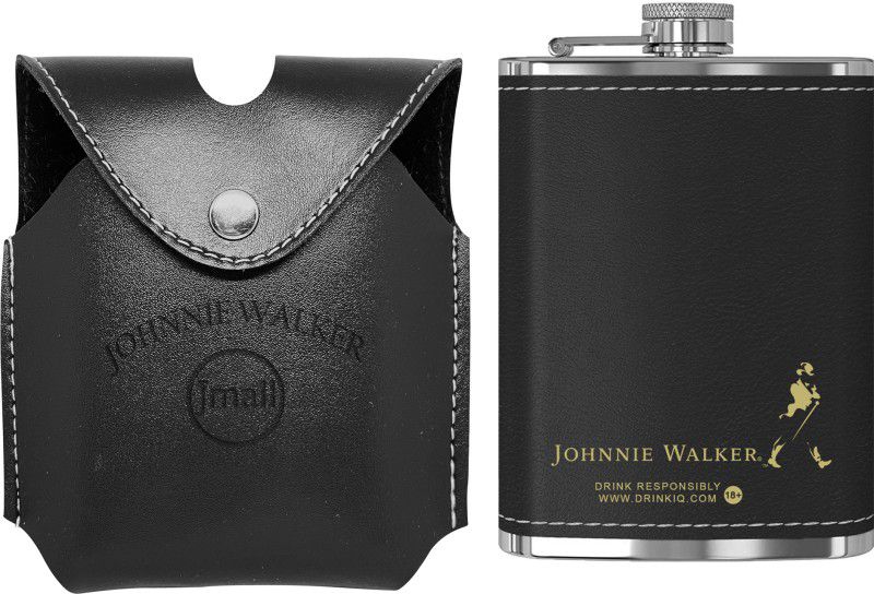nexShop Black Leather Coated Cover With Stainless Steel Hip Flask Johnnie Walker Print Golden | Use To Vodka Wine Alcoholic Beer Shot Drink Storage | Easy To Carry Anywhere | Pocket Hip Flask Black Color Stainless Steel Hip Flask  (236 ml)
