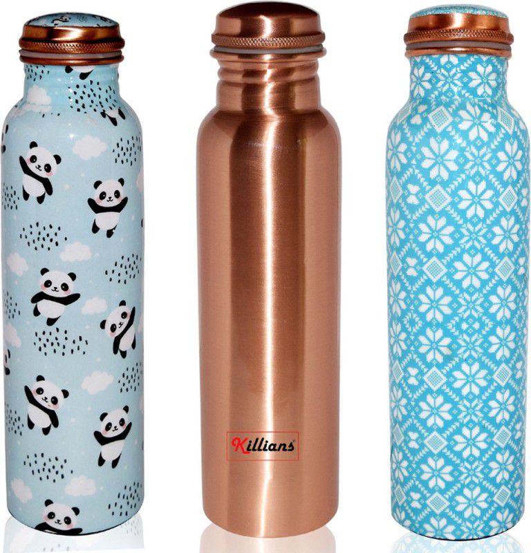 Killians Handcrafted 3 Multi Design Panda Plain and Printed lacquer coated Pure Copper 1000 ml Bottle  (Pack of 3, Multicolor, Copper)