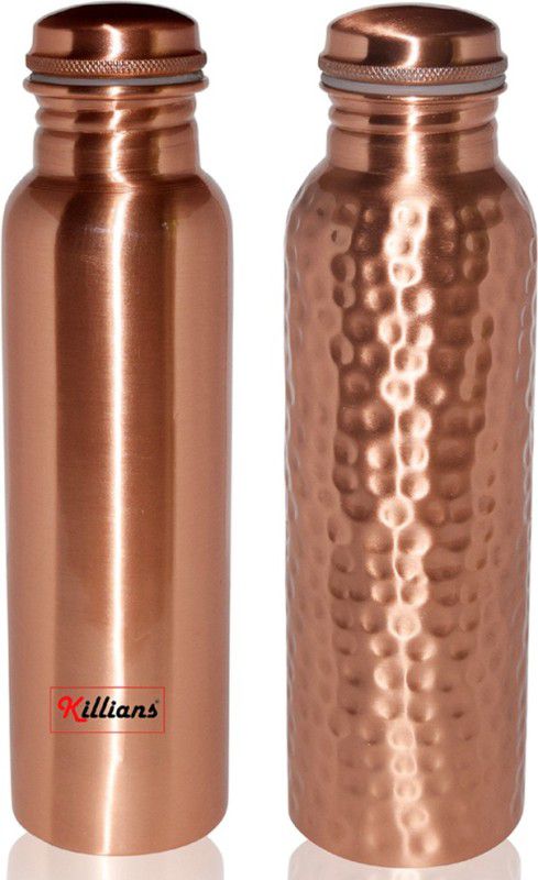 Killians Plain and Hammered Lacquer Coated Leak Proof 100 % Pure Copper Bottle Pack of 2 1000 ml Bottle  (Pack of 2, Copper, Copper)