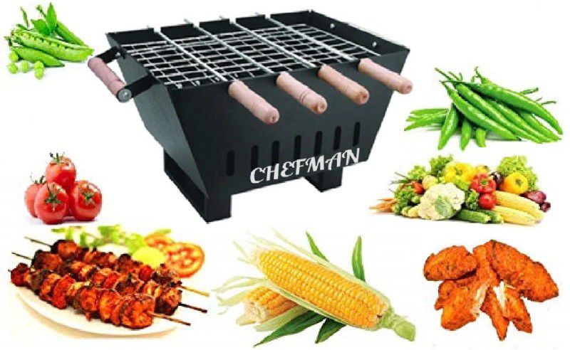 Chefman Barbeque Grill Charcoal Barbeque Grill & Tandoor with 4 Skewers with Wooden Handle, Black, Charcoal Grill (Black) Charcoal Grill