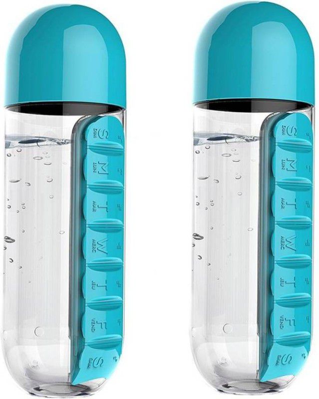 SEAHAVEN Pill Box Organizer With Water Bottle Weekly Seven Compartments 250 ml Bottle  (Pack of 2, Blue, Plastic)