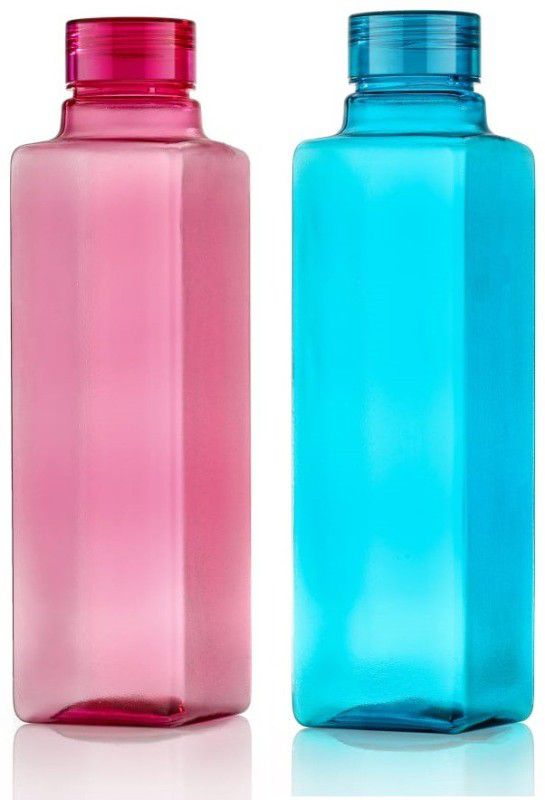 TULWIN Square Shape Water Bottle With PLASTIC CAP Cap 1000 ml (Pack of 2) (BLUE, PINK) 1000 ml Bottle  (Pack of 2, Blue, Pink, PET)