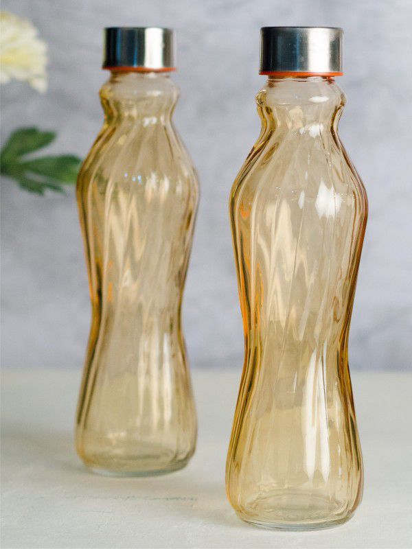 Goodhomes Glass Bottle in Golden Brown Colour with Airtight Cap for Water, Juice 500 ml Bottle  (Pack of 2, Orange, Glass)