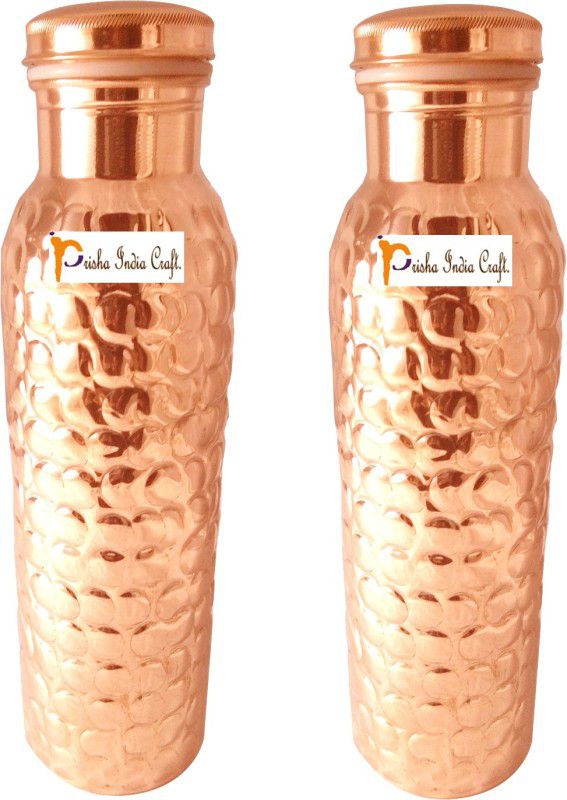 Prisha India Craft Traveller's Hammered Pure Copper Water Flask for Ayurvedic Health Benefits Diwali Gift Item 1000 ml Bottle  (Pack of 2, Brown, Copper)