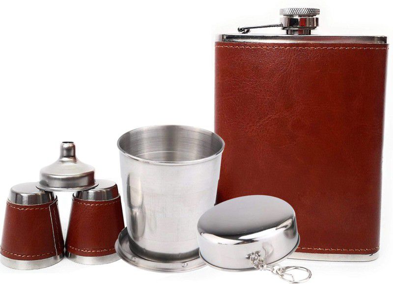 FITUP 1160 Brown Leather Coated Stainless Steel Hip Flask With Folding Glass, Two Shot Glass With Funnel - Wine Whisky Alcohol Drinks Or Liquor Flask Bar Set  (Stainless Steel)