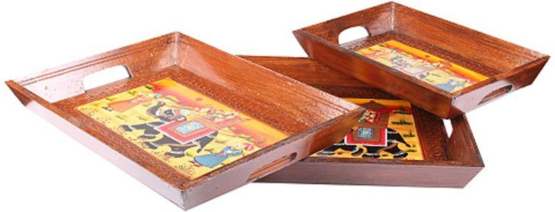 Apkamart Hand Crafted Traditional Wooden Tray - Set of 3 - For Utility and Gifts Tray Set  (Pack of 3)