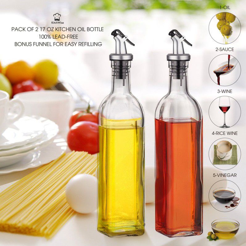DEEP ENTERPRISE Home and Kitchen oil Bottle Dispenser [500 ml + 500 ml ] pack of 2 1000 ml Bottle  (Pack of 2, White, Glass)