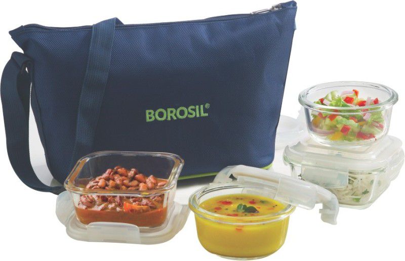 BOROSIL klip N store glass daisy tiffin set of 4(2pc 320ml square, 2pc 240ml round container) 4 Containers Lunch Box  (320 ml)