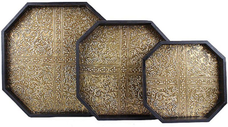 Apkamart Handicraft Wood and Brass Platter Set of 3 for Utility and Gifts Tray Set  (Pack of 3)