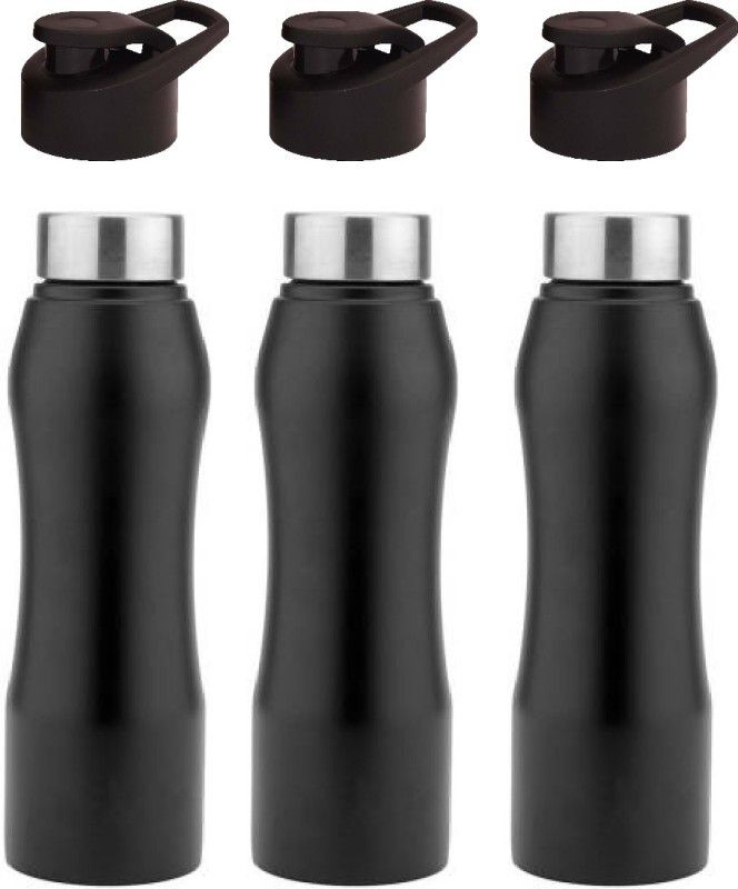 Prosila Stainless steel bottle Leak Proof Water Curvy Double Cab Fridge Bottles 750 ml Bottle  (Pack of 3, Black, Steel)