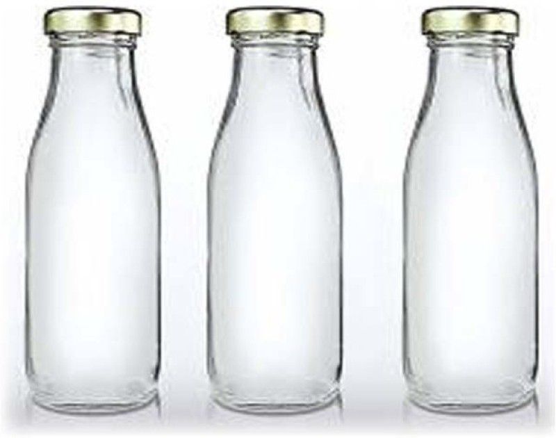 BILAL ANSARI clear hygiene glass water milk juice multipurpose bottle with golden lid 3(500ml) 500 ml Bottle  (Pack of 3, Clear, Glass)