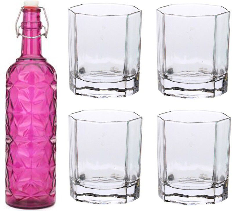 1st Time Bottle & 4 Glass Serving Lemon Set, Pink, Clear, Glass, 1000 Ml 1000 ml Bottle With Drinking Glass  (Pack of 5, Pink, Glass)